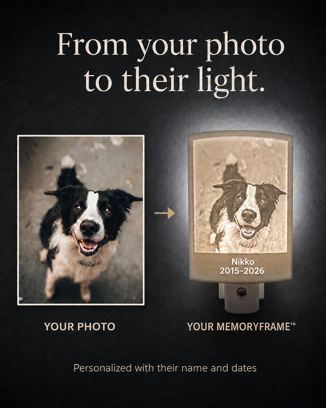 Nikko’s original color photo beside the illuminated MemoryFrame night light made from it, with his name and dates.