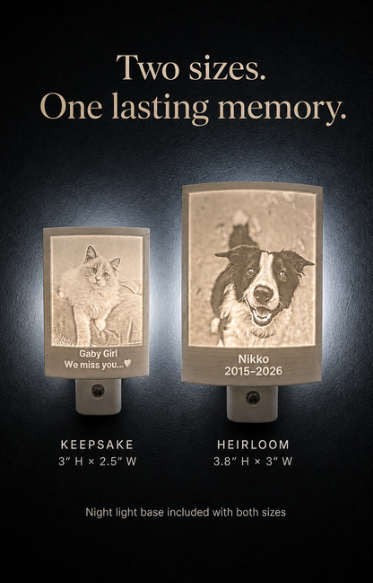 Keepsake and Heirloom night lights. Keepsake shade: 3 inches high by 2.5 wide. Heirloom: 3.8 inches high by 3 wide.