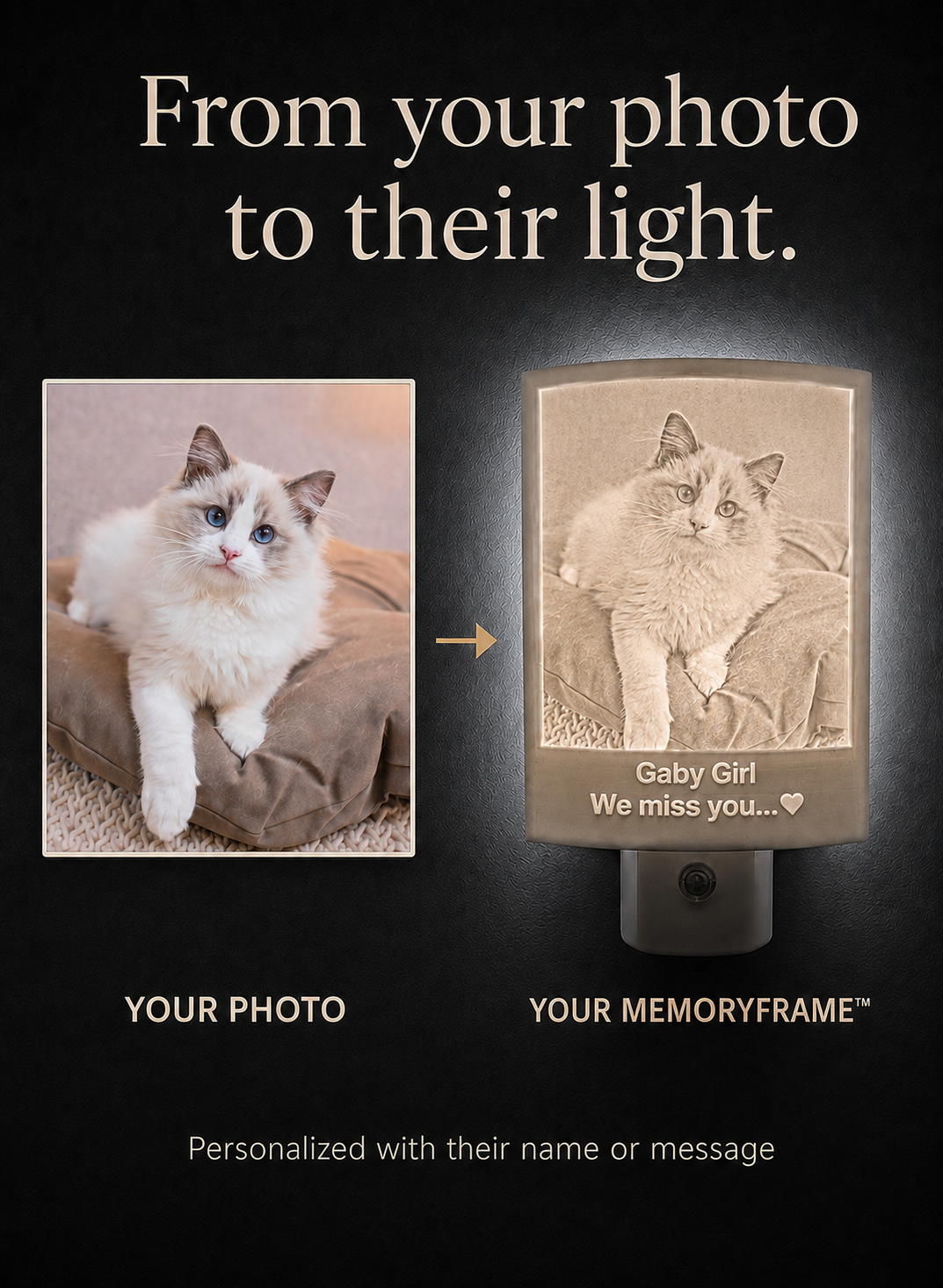 Gaby’s original color photo beside the illuminated cat memorial night light made from it, with her name and message.