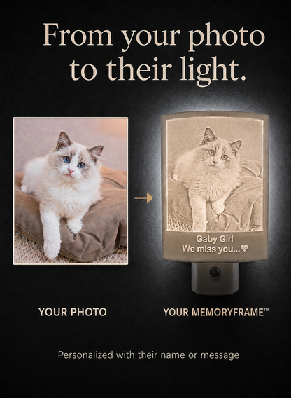 Gaby’s original color photo beside the illuminated cat memorial night light made from it, with her name and message.