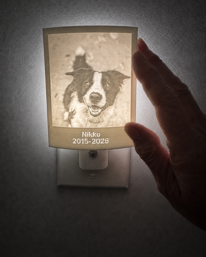 Hand beside Nikko’s illuminated memorial night light in a wall outlet, showing the product’s size.