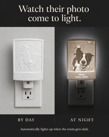 Nikko’s night light shown unlit by day with a white shade and illuminated at night with his photo clearly visible.