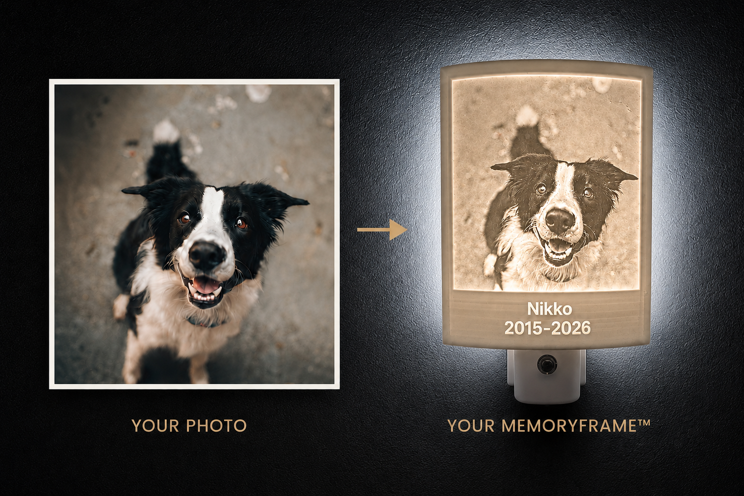 Nikko’s original photo beside the illuminated MemoryFrame™ night light made from it.