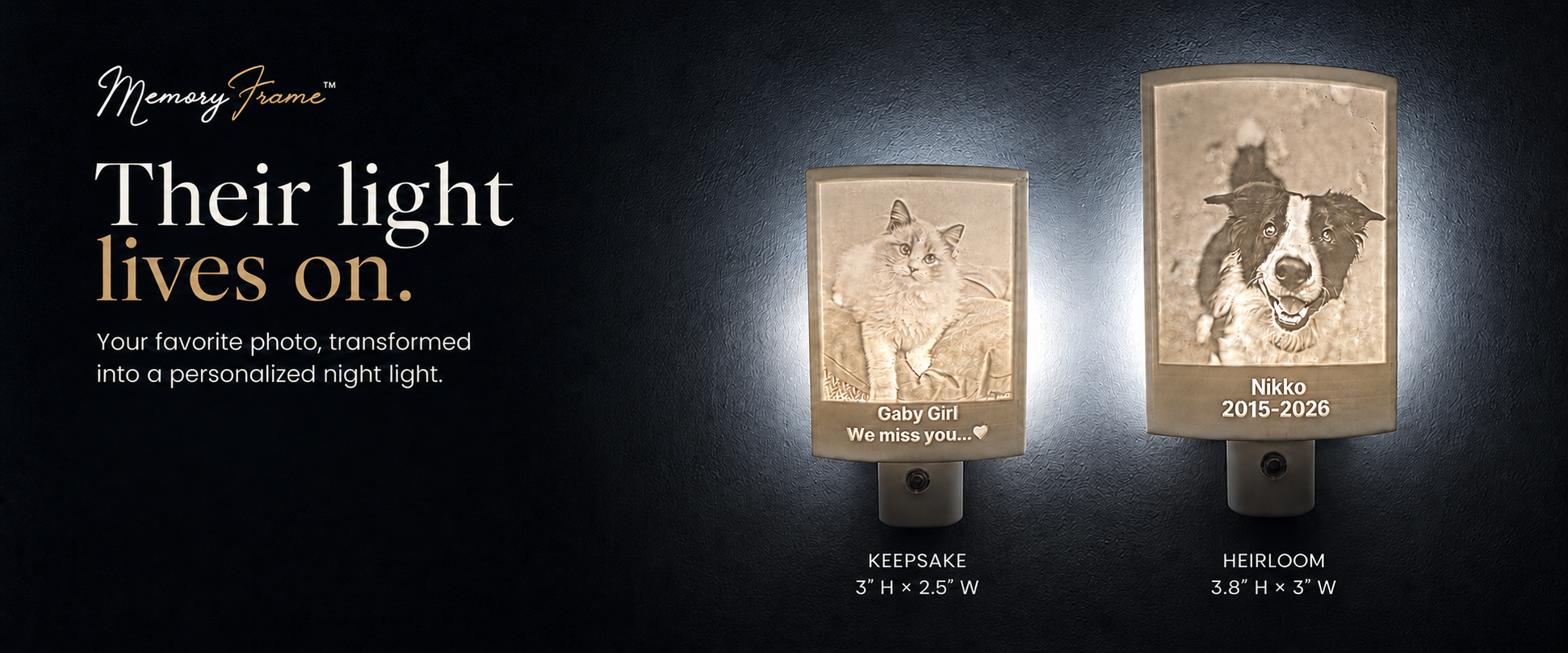 Keepsake and Heirloom personalized pet memorial night lights illuminated on a wall.